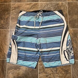 O'Neill Swim Truck Board Shorts Mens 36 Blue Brown Striped Lace Up